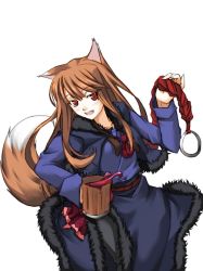Rule 34 | 00s, 1girl, alcohol, animal ears, brown hair, cup, dress, fang, fur, holo, jewelry, long hair, mug, red eyes, ribi, ring, rope, simple background, solo, spice and wolf, tail, wine, wolf ears, wolf tail