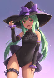 Rule 34 | 1girl, :d, back bow, bare shoulders, black bow, black leotard, blunt bangs, blush, bow, breasts, bridal garter, covered navel, cowboy shot, dark-skinned female, dark skin, detached sleeves, frilled leotard, frilled sleeves, frills, gluteal fold, gradient background, green eyes, green hair, hand on headwear, hand on own thigh, hand up, hat, hat bow, hat ornament, highres, large bow, leotard, light particles, long hair, looking at viewer, low twintails, medium breasts, open mouth, original, ponytail, purple background, purple bow, round teeth, sasaame, sidelocks, smile, solo, sparkle, teeth, twintails, upper teeth only, very long hair, witch hat