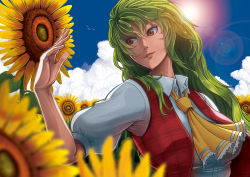 Rule 34 | 1girl, alternate hair length, alternate hairstyle, ascot, bird, blue sky, blurry, breasts, cloud, collared shirt, day, depth of field, flower, garden of the sun, hair between eyes, hair over shoulder, highres, kazami yuuka, large breasts, lens flare, lips, long hair, looking to the side, nose, parted lips, plaid, plaid vest, rapuka, red eyes, shirt, short sleeves, sky, smile, solo, sun, sunflower, sunlight, touhou, touhou (pc-98), upper body, vest
