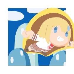 Rule 34 | 1girl, arms up, blonde hair, blue eyes, blue sky, cape, cloud, flying, highres, hololive, hololive english, loafers, mario (series), monocle, mountain, parody, plaid, plaid skirt, pleated skirt, shoes, short hair, simple background, skirt, sky, smol ame, socks, souls4u, super mario bros. 1, super mario world, virtual youtuber, watson amelia