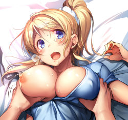 Rule 34 | 10s, 1girl, ajishio, ayase eli, blonde hair, blue eyes, grabbing another&#039;s breast, breasts, breath, grabbing, gradient background, large breasts, looking at viewer, love live!, love live! school idol project, lying, nipples, no bra, on back, one breast out, open mouth, ponytail, pov, pov hands, saliva, short sleeves, solo focus, tears