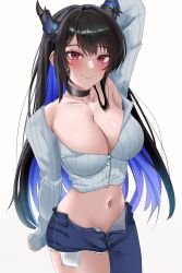 Rule 34 | 1girl, arm up, asymmetrical legwear, black choker, black hair, blue hair, blue pants, breasts, choker, cleavage, closed mouth, colored inner hair, crop top, demon horns, highres, hololive, hololive english, horns, large breasts, long sleeves, midriff, multicolored hair, navel, nerissa ravencroft, nerissa ravencroft (1st costume), open fly, pants, red eyes, shirt, simple background, smile, solo, stomach, two-tone hair, virtual youtuber, white background, white shirt, yobi (ybpac18)