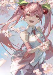 Rule 34 | 1girl, absurdres, cherry blossoms, collared shirt, cowboy shot, cupping hands, detached sleeves, dress shirt, floating hair, flower, hair between eyes, hatsune miku, highres, holding, holding flower, karasuro, long hair, long sleeves, miniskirt, necktie, open mouth, own hands together, pink hair, pink necktie, pink skirt, pink sleeves, pleated skirt, red eyes, sakura miku, shirt, skirt, sleeveless, sleeveless shirt, solo, spring (season), standing, twintails, very long hair, vocaloid, white shirt, wide sleeves, wing collar