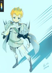Rule 34 | 1girl, autumn-sacura, belt, blonde hair, blue eyes, blue footwear, boots, cape, clenched hand, color guide, earrings, eruca, from above, full body, jewelry, radiant historia, shadow, short hair, solo