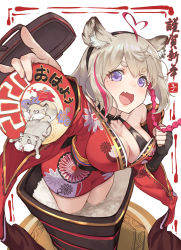Rule 34 | 1girl, 2020, :d, ahoge, animal ear fluff, animal ears, black gloves, black hair, blush, braid, breasts, chinese zodiac, cokio, commentary request, fang, fingerless gloves, gloves, grey hair, heart, heart ahoge, highres, japanese clothes, kimono, long sleeves, looking at viewer, medium breasts, mole, mole under eye, mouse (animal), mouse ears, multicolored hair, open mouth, original, outstretched arm, pink hair, purple eyes, red kimono, short eyebrows, skin fang, smile, solo, standing, streaked hair, thick eyebrows, translation request, year of the rat, yukata