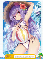 Rule 34 | 1girl, arm up, armpits, ball, beachball, bikini, blue sky, breast rest, breasts, cleavage, contrapposto, cowboy shot, day, dengeki moeou, fisheye, flower, from below, gluteal fold, hair flower, hair ornament, hat, highres, horizon, large breasts, long hair, navel, outdoors, parted lips, pink eyes, purple hair, see-through, side-tie bikini bottom, sky, solo, standing, straw hat, sun hat, sunlight, swimsuit, tateha (marvelous grace), very long hair