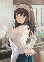 Rule 34 | 10s, 1girl, apron, ass, azuki yui, bare shoulders, black hair, blue eyes, blush, breasts, covered erect nipples, hairband, highres, idolmaster, idolmaster cinderella girls, indoors, kitchen, large breasts, long hair, looking at viewer, looking back, off-shoulder, off-shoulder sweater, off shoulder, sagisawa fumika, sideboob, smile, solo, standing, sweater