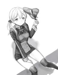 Rule 34 | 10s, 1girl, anchor hair ornament, bad id, bad pixiv id, blush, breasts, buttons, cnm, cross, eyebrows, from above, gloves, greyscale, hair ornament, hair ribbon, hat, unworn hat, unworn headwear, holding, holding clothes, holding hat, iron cross, kantai collection, large breasts, lineart, long sleeves, looking at viewer, looking up, low twintails, miniskirt, monochrome, prinz eugen (kancolle), ribbon, short hair, sitting, skirt, smile, solo, thighhighs, twintails, zettai ryouiki