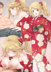 Rule 34 | 1boy, 1girl, abs, alice gear aegis, blonde hair, blue eyes, blush, breasts, breasts squeezed together, bulge, censored, faceless, faceless male, floral print, flower, hair flower, hair ornament, hetero, highres, japanese clothes, kimono, large breasts, long hair, long sleeves, male underwear, multiple views, nipples, obi, one eye closed, oral, paizuri, penis, ponytail, red flower, red kimono, sash, shirley oakley, side ponytail, simple background, underwear, unpasu, wide sleeves