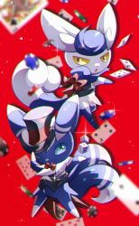 Rule 34 | :o, absurdres, blurry, card, clothed pokemon, commentary request, creatures (company), dice, game freak, gen 6 pokemon, green eyes, hand on headwear, hat, clothed pokemon, highres, kisa (kisa-kisa5900), legs apart, looking up, meowstic, meowstic (female), meowstic (male), nintendo, one eye closed, open mouth, playing card, pokemon, pokemon (creature), poker chip, red background, red ribbon, ribbon, sparkle, tongue, top hat
