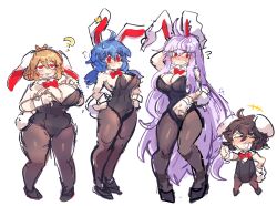 Rule 34 | 4girls, absurdres, breasts, cleavage, emerald kitty, highres, huge breasts, inaba tewi, large breasts, leotard, multiple girls, playboy bunny, rabbit ears, reisen udongein inaba, ringo (touhou), seiran (touhou), touhou