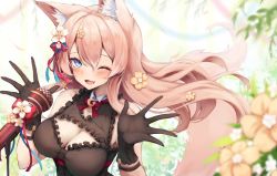 Rule 34 | 1girl, :d, ;d, animal ear fluff, animal ears, bare shoulders, black gloves, blue eyes, blush, breasts, cleavage, cleavage cutout, clothing cutout, commission, fang, flower, gloves, hair flower, hair ornament, hair ribbon, highres, hizuki rurufu, inre kemomimi, looking at viewer, medium breasts, microphone, one eye closed, open mouth, outstretched hand, pink hair, ribbon, skeb commission, skin fang, smile, snack nili, solo, virtual youtuber, wolf ears, wolf girl