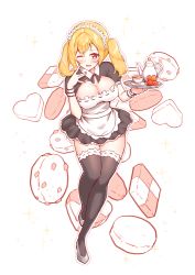 Rule 34 | 1girl, ;d, alternate costume, apron, bang dream!, black dress, black thighhighs, blonde hair, blush, breasts, brown eyes, c8oyk, checkerboard cookie, cleavage, collared dress, cookie, cup, dress, enmaided, flower, food, full body, grey footwear, hands up, heart, holding, holding tray, ichigaya arisa, maid, maid headdress, medium breasts, one eye closed, open mouth, outline, puffy short sleeves, puffy sleeves, red flower, ribbon-trimmed dress, ribbon-trimmed legwear, ribbon trim, saucer, shoes, short sleeves, smile, solo, sparkle, standing, standing on one leg, teacup, teapot, thighhighs, tray, twintails, waist apron, white apron, white background, white outline, wrist cuffs