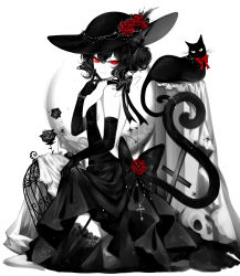 Rule 34 | 1girl, backless dress, backless outfit, bare shoulders, black cat, bow, breasts, cat, cat tail, dress, elbow gloves, flower, garter straps, gloves, hand up, hat, highres, index finger raised, limited palette, original, red bow, red eyes, red flower, red rose, rose, sheya, short hair, small breasts, solo, tail, thighhighs, white background