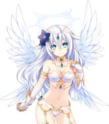 Rule 34 | 1girl, angel wings, aqua eyes, bare shoulders, black heart (neptunia), breasts, cleavage, collar, cowboy shot, elbow gloves, flower, gloves, hair flower, hair ornament, halo, highres, jewelry, large breasts, long hair, looking at viewer, midriff, navel, neptune (series), noire (neptunia), power symbol, smile, solo, stomach, transparent background, tsunako, white hair, wings