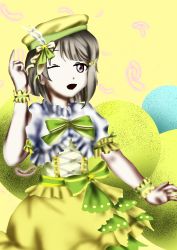 Rule 34 | 1girl, artist name, artist request, blush, bow, breasts, brown hair, clenched hand, collarbone, crescent, crescent hair ornament, cross-laced clothes, cross-laced dress, diamond (love live!), dress, feathers, female focus, frilled dress, frills, green bow, green ribbon, grey hair, hair ornament, hat, hat feather, highres, light brown hair, looking at viewer, love live!, love live! nijigasaki high school idol club, love live! school idol festival, nakasu kasumi, one eye closed, parted lips, purple eyes, red eyes, ribbon, short hair, sirjonesiii, skirt, small breasts, smile, solo, star (symbol), star hair ornament, white feathers, wrist cuffs, yellow bow, yellow dress, yellow hat, yellow ribbon, yellow skirt, yellow wrist cuffs