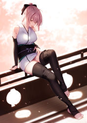 Rule 34 | 1girl, arm guards, bare shoulders, black bow, black scarf, black thighhighs, bow, breasts, commentary request, fate/grand order, fate (series), full body, genyaky, grey eyes, highres, japanese clothes, kimono, koha-ace, large breasts, legs, looking at viewer, no shoes, obi, okita souji (fate), okita souji (koha-ace), parted lips, pink hair, sash, scarf, short hair, short kimono, sitting, sleeveless, sleeveless kimono, solo, stirrup legwear, thighhighs, toeless legwear, toes, white kimono