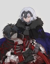 Rule 34 | 1boy, 1girl, bandage over one eye, bandaged head, bandages, black bandages, black cloak, black gloves, black hair, blood, blood on clothes, chiemon (fate), cloak, closed eyes, collar, fate/samurai remnant, fate (series), fingerless gloves, fur-trimmed cloak, fur trim, gloves, grey hair, headpiece, highres, jeanne d&#039;arc alter (lancer) (fate), looking at another, lying on person, metal collar, scar, short hair, stbntotoi, tassel, upper body, white background
