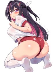 Rule 34 | 1girl, alternate costume, ass, azki (hololive), black hair, braid, breasts, buruma, closed mouth, colored inner hair, commentary request, double vertical stripe, feet, gym shirt, hair between eyes, hair ornament, hair ribbon, highres, hololive, kneeling, large breasts, long hair, looking at viewer, multicolored hair, red buruma, red hair, ribbon, sakanaya (sakanaya952), shirt, simple background, solo, streaked hair, tented shirt, thighhighs, thighs, two-tone hair, virtual youtuber, white background, white shirt, white thighhighs