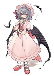 Rule 34 | 1girl, bat (animal), bat wings, blue hair, blush, closed mouth, dress, expressionless, full body, hair between eyes, hand up, hat, highres, mary janes, medium hair, mob cap, pink dress, red eyes, red footwear, remilia scarlet, sabatuki, shoes, simple background, sketch, solo, standing, touhou, white background, wings, wrist cuffs