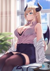 Rule 34 | 1girl, bare shoulders, black bra, blonde hair, blue eyes, bra, bra visible through clothes, breasts, cleavage, cloud, collared shirt, cup, curtains, demon girl, demon horns, demon tail, demon wings, dress shirt, highres, hololive, horns, lab coat, lace, lace-trimmed bra, lace-trimmed legwear, lace-trimmed skirt, lace trim, large breasts, long hair, miniskirt, moisture (chichi), mug, partially unbuttoned, pink shirt, plant, pointy ears, shirt, shirt tucked in, sidelocks, sitting, skirt, sky, sleeveless, sleeveless shirt, solo, tail, thighhighs, underwear, virtual youtuber, window, wings, yuzuki choco, yuzuki choco (1st costume)