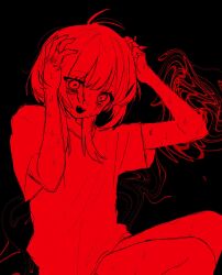 Rule 34 | 1girl, absurdres, blood, blood on face, bunching hair, fangs, hair between eyes, hanataro (sruvhqkehy1zied), hands on own head, highres, messy hair, monochrome, open mouth, original, red theme, shirt, short hair with long locks, short sleeves, simple background, solo, sweat, tears