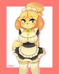 Rule 34 | 1girl, absurdres, alternate costume, alternate eye color, animal crossing, animal ears, apron, arms behind back, artist name, arzonaut, black dress, blonde hair, blush stickers, border, bow, bowtie, breasts, cleavage, closed mouth, collarbone, dog ears, dog girl, dog tail, dress, drop shadow, female focus, furry, furry female, green bow, green bowtie, green eyes, happy, highres, isabelle (animal crossing), large breasts, maid, maid apron, maid headdress, nintendo, red border, shiny skin, short hair, short sleeves, signature, simple background, smile, solo, standing, tail, thighhighs, topknot, white apron, white background, white thighhighs, zettai ryouiki