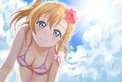 Rule 34 | 1girl, all fours, bikini, blue eyes, blush, bow, braid, breasts, cleavage, commentary request, flower, h.i.t (59-18-45), hair bow, hair flower, hair ornament, kosaka honoka, lens flare, light rays, looking at viewer, love live!, love live! school idol project, medium breasts, one side up, orange hair, scrunchie, side braid, smile, solo, striped bikini, striped clothes, sunbeam, sunlight, swimsuit, wet