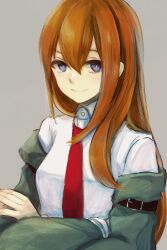 Rule 34 | 1girl, amrta, arm belt, blue eyes, brown hair, closed mouth, coat, coat partially removed, collared shirt, crossed arms, green coat, grey background, hair between eyes, highres, long hair, long sleeves, looking at viewer, makise kurisu, necktie, red necktie, shirt, simple background, solo, steins;gate, upper body, white shirt