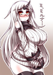 Rule 34 | 10s, 1girl, abyssal ship, bare shoulders, bespectacled, black thighhighs, blush, breasts, claws, covered erect nipples, detached sleeves, dress, glasses, horns, ikue fuuji, kantai collection, large breasts, long hair, looking at viewer, pale skin, red-framed eyewear, red eyes, ribbed dress, seaport princess, semi-rimless eyewear, short dress, sideboob, single horn, solo, thighhighs, translated, under-rim eyewear, very long hair, white hair, zettai ryouiki