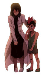 Rule 34 | 10s, 1boy, 1girl, bad id, bad pixiv id, bandaid, brother and sister, child, crying, hand on another&#039;s head, kill la kill, kinagase kinue, kinagase tsumugu, kinagese kinue, lab coat, mohawk, pantyhose, headpat, roco617, sandals, short hair, siblings, skirt, spoilers, tears, white background, wiping tears, aged down