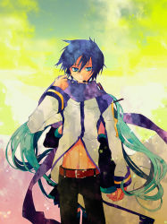 Rule 34 | 1boy, 1girl, back-to-back, bad id, bad pixiv id, blue hair, couple, green hair, hatsune miku, hetero, holding hands, kaito (vocaloid), long hair, microphone, natsume (1-pico), solo focus, twintails, very long hair, vocaloid
