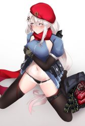 Rule 34 | 1girl, 9a-91 (girls&#039; frontline), absurdres, arm behind back, bag, beret, black gloves, black panties, black thighhighs, blue dress, blue eyes, blush, breasts, closed mouth, condom, condom box, dress, elbow gloves, fte (fifteen 199), full body, girls&#039; frontline, gloves, hair ornament, hand on own chest, hat, hat ornament, highres, kneeling, long hair, looking away, medium breasts, navel, okamoto condoms, panties, red hat, red scarf, scarf, short sleeves, solo, spread legs, star (symbol), star hair ornament, star hat ornament, sweatdrop, thighhighs, underwear, very long hair, white background, white hair