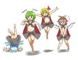 Rule 34 | 4girls, alternate costume, animal ears, antennae, ass, barefoot, blonde hair, blue hair, blush, bow, cape, censored, cirno, convenient censoring, faceplant, flat chest, green hair, hair bow, hair ribbon, hat, kieeyo, multiple girls, mystia lorelei, naked cape, nude, open mouth, outstretched arms, pink hair, ribbon, rumia, running, sketch, smile, team 9 (touhou), touhou, tripping, v arms, wings, wriggle nightbug