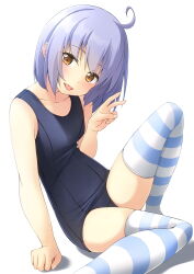 Rule 34 | 1girl, bare arms, bare shoulders, blue one-piece swimsuit, brown eyes, commentary request, hair between eyes, hand up, highres, looking at viewer, no shoes, old school swimsuit, one-piece swimsuit, original, purple hair, school swimsuit, shadow, shibacha, simple background, solo, striped clothes, striped thighhighs, swimsuit, thighhighs, tongue, tongue out, v, white background