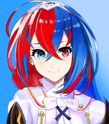 Rule 34 | 1girl, alear (female) (fire emblem), alear (fire emblem), blue background, blue eyes, blue hair, closed mouth, commentary, crossed bangs, english commentary, fire emblem, fire emblem engage, glassschicken, gradient background, heterochromia, highres, light smile, long hair, looking at viewer, multicolored hair, nintendo, portrait, red eyes, red hair, smile, solo, two-tone hair