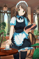 Rule 34 | 1girl, apron, bad id, bad pixiv id, black ribbon, black skirt, black thighhighs, black vest, blue sky, blurry, bracelet, breasts, brown hair, cafe, ceiling light, chair, coffee mug, commentary request, contrapposto, creamer (vessel), cup, day, depth of field, holding, holding tray, indoors, ivy, jewelry, leaf, looking at viewer, maid, maid headdress, medium breasts, medium hair, mug, neck ribbon, open hand, original, outstretched hand, plant, puffy short sleeves, puffy sleeves, ribbon, saucer, shirt, short sleeves, skirt, sky, smile, solo, standing, table, takanashi erugo, thighhighs, tray, vest, waist apron, white shirt, window