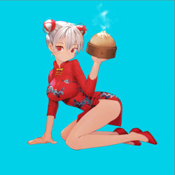 Rule 34 | 1girl, aduo, all fours, baozi, bare legs, blue background, breasts, closed mouth, dress, floral print, food, full body, grey hair, highres, holding, impossible clothes, impossible dress, large breasts, long sleeves, looking at viewer, multicolored hair, original, print dress, red dress, red eyes, red footwear, red hair, short dress, short hair, side slit, simple background, solo, steam, two-tone hair