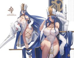 Rule 34 | 1girl, absurdres, blue eyes, blue hair, blush, breasts, cape, cleavage, covered erect nipples, covered navel, curvy, earrings, fur collar, hair over one eye, hat, high heels, highres, holding, holding lance, holding polearm, holding weapon, jewelry, lance, large breasts, long hair, mature female, milephunter, original, pelvic curtain, pointy ears, polearm, revealing clothes, see-through, single thighhigh, sitting, thighhighs, thighs, throne, very long hair, weapon, white background, white thighhighs, wide hips