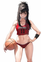 Rule 34 | 1girl, ball, bare arms, bare shoulders, basket, basketball (object), basketball uniform, black eyes, black hair, black wristband, breasts, buruma, character request, cleavage, cowboy shot, crop top, crop top overhang, hand on own hip, high ponytail, holding, holding basket, long hair, looking at viewer, medium breasts, milin (orange maru), navel, parted lips, ponytail, red shirt, shirt, slam dunk (series), sleeveless, sleeveless shirt, solo, sportswear, stomach, sweat, sweatband, thighs, toned, underwear, wristband