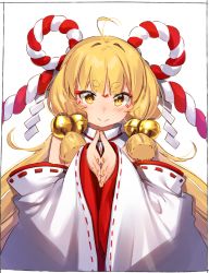 Rule 34 | 1girl, ahoge, bell, blonde hair, blush, closed mouth, detached sleeves, facial mark, hair bell, hair ornament, highres, jingle bell, kei (soundcross), long hair, long sleeves, looking at viewer, nail polish, original, ribbon-trimmed sleeves, ribbon trim, shide, short eyebrows, sidelocks, sleeves past wrists, smile, solo, thick eyebrows, upper body, very long hair, white background, white sleeves, wide sleeves, yellow nails