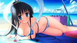 Rule 34 | 1girl, arm support, bare legs, bare shoulders, barefoot, beach, bikini, black hair, blue bikini, blue eyes, blush, breasts, cleavage, cloud, collarbone, day, floral print, hair ornament, highres, large breasts, long hair, looking at viewer, lying, magical marriage lunatics!!, mitsu no tama yori hime, navel, o-ring, o-ring bottom, on side, outdoors, ponytail, sky, smile, solo, swimsuit, thermos, thigh gap, very long hair, wet, yamakaze ran