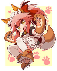Rule 34 | 1girl, alternate costume, animal ears, animal hands, apron, bell, blush stickers, collar, enmaided, fangs, fate/grand order, fate (series), fox ears, fox tail, hair ribbon, long hair, looking at viewer, maid, maid apron, maid headdress, naga u, neck bell, open mouth, pink hair, ribbon, solo, tail, tamamo (fate), tamamo cat (fate), tamamo cat (second ascension) (fate), tamamo no mae (fate/extra), yellow eyes