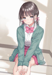 Rule 34 | 1girl, blunt bangs, blush, bow, bowtie, breasts, brown hair, buttons, cardigan, closed mouth, collared shirt, commentary request, green cardigan, hair ribbon, highres, indoors, leaning forward, light blush, long sleeves, looking at viewer, low twintails, medium breasts, open cardigan, open clothes, original, pink bow, pink bowtie, pink ribbon, pink skirt, plaid, plaid bow, plaid skirt, pleated skirt, ribbon, school uniform, shirt, short hair, sidelocks, sitting, skirt, smile, solo, twintails, v arms, white shirt, wing (aiastor)