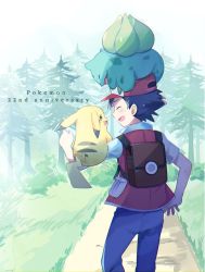 Rule 34 | 1boy, ^ ^, anniversary, backpack, bag, baseball cap, black hair, blue pants, bulbasaur, bush, closed eyes, commentary, creatures (company), day, english text, from behind, game freak, gen 1 pokemon, grass, hat, high collar, light rays, looking at another, mei (maysroom), nintendo, on head, open mouth, outdoors, pants, path, pikachu, pocket, pokemon, pokemon (creature), pokemon on arm, pokemon on head, pokemon rgby, red (pokemon), red vest, road, shade, shirt, short sleeves, signature, smile, standing, tree, vest, white shirt