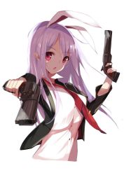 Rule 34 | 1girl, animal ears, black jacket, collared shirt, commentary, cropped torso, dual wielding, foreshortening, gun, handgun, holding, jacket, light purple hair, long hair, looking at viewer, necktie, open clothes, open jacket, open mouth, rabbit ears, red eyes, red necktie, reisen udongein inaba, revolver, shirt, simple background, solo, standing, tetsurou (fe+), touhou, upper body, weapon, white background, white shirt
