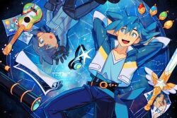 Rule 34 | 2boys, arms behind head, arms up, artist name, blue eyes, blue hair, blue pants, blue shirt, collarbone, constellor, goggles, highres, jacket, long sleeves, looking at another, multiple boys, open mouth, original, pants, parted lips, pisces (constellation), reaching, reaching towards viewer, shirt, short hair, sword, taurus (constellation), teeth, telescope, upper teeth only, weapon