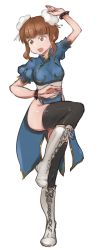 Rule 34 | 1girl, abaratani kurou, alternate hairstyle, arm up, black thighhighs, blue dress, blunt bangs, boots, bracelet, bun cover, capcom, china dress, chinese clothes, chun-li, chun-li (cosplay), commentary, cosplay, cross-laced footwear, double bun, dress, fighting stance, full body, girls und panzer, hair bun, high collar, highres, jewelry, knee boots, lace-up boots, leg up, looking to the side, medium dress, one-hour drawing challenge, open mouth, orange eyes, orange hair, pelvic curtain, short hair, side slit, sidelocks, solo, spiked bracelet, spikes, standing, standing on one leg, street fighter, takebe saori, thighhighs, white footwear