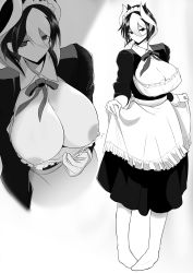 Rule 34 | 1girl, black eyes, black hair, breasts, breasts out, cleavage, clothes pull, downblouse, empty eyes, expressionless, highres, huge breasts, large breasts, looking at viewer, made in abyss, maid, monochrome, multicolored hair, nipples, ozen, pulled by self, short hair, solo, standing, tall female, two-tone hair, white hair, yaguchiyuki