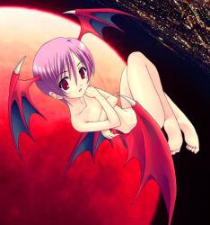 Rule 34 | 1girl, barefoot, capcom, city, covering privates, demon girl, feet, flat chest, head wings, lilith aensland, moon, moritan, night, nude, pink hair, red eyes, red moon, solo, upside-down, vampire (game), wings